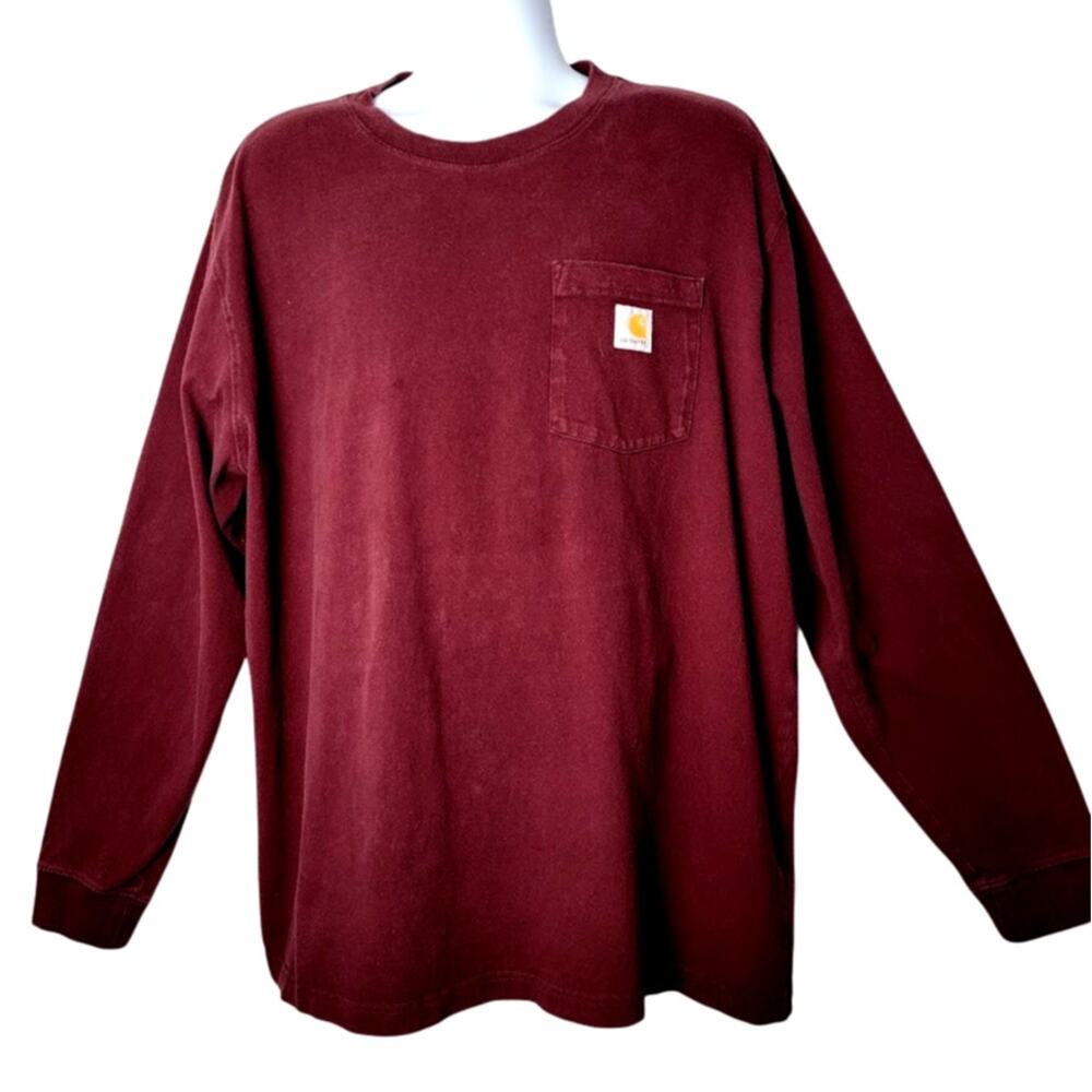 Carhartt XL Long Sleeve Pocket T-Shirt Maroon Workwear Loose Fit Utility Rugged